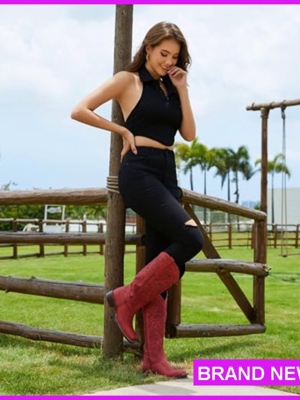 Embroidered Western Knee High Boots Square Toe Low Heel Pull On Cowgirl - Picture 3 of 6